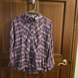 Matilda Jane 435 Plaid Button-Front Peplum Blouse in Burgundy and Blue